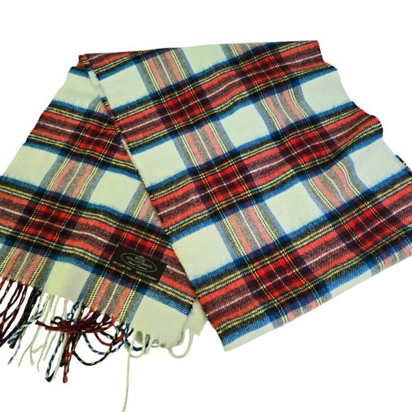 100% Cashmere Made In Germany Red Blue Plaid Fringe Scarf 12"x64" - Picture 1 of 3